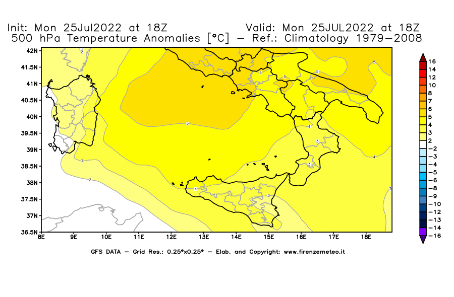 Mappa di analisi GFS - Anomalia Temperatura [°C] a 500 hPa in Sud-Italia
							del 25/07/2022 18 <!--googleoff: index-->UTC<!--googleon: index-->