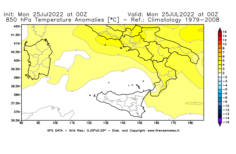 Mappa di analisi GFS - Anomalia Temperatura [°C] a 850 hPa in Sud-Italia
							del 25/07/2022 00 <!--googleoff: index-->UTC<!--googleon: index-->
