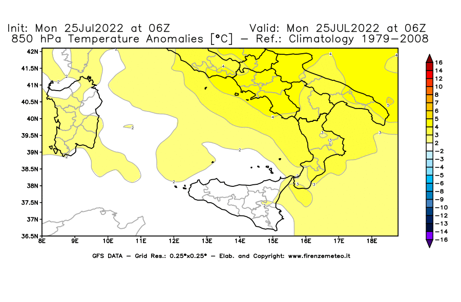 Mappa di analisi GFS - Anomalia Temperatura [°C] a 850 hPa in Sud-Italia
							del 25/07/2022 06 <!--googleoff: index-->UTC<!--googleon: index-->