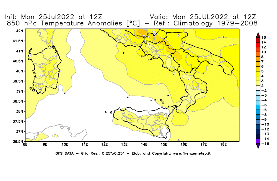 Mappa di analisi GFS - Anomalia Temperatura [°C] a 850 hPa in Sud-Italia
							del 25/07/2022 12 <!--googleoff: index-->UTC<!--googleon: index-->