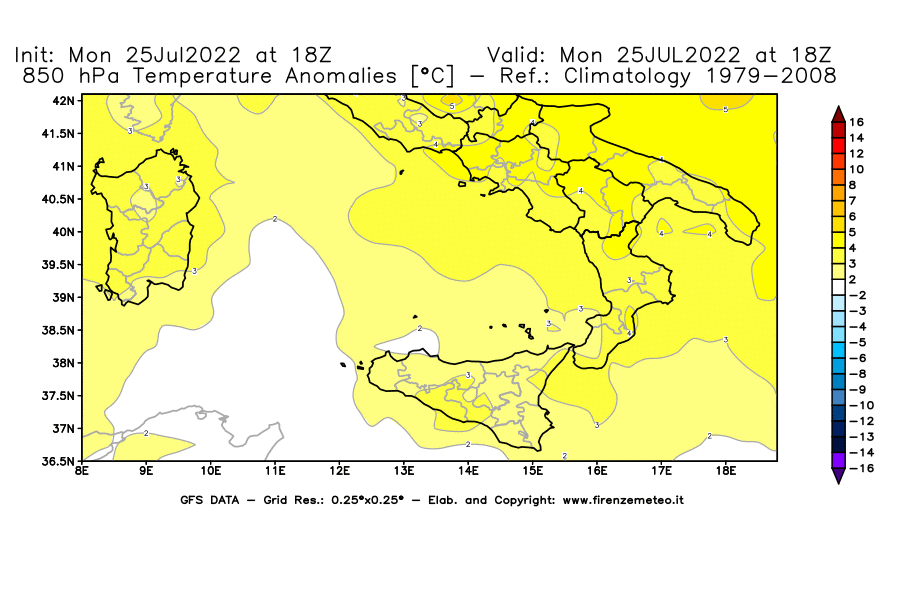 Mappa di analisi GFS - Anomalia Temperatura [°C] a 850 hPa in Sud-Italia
							del 25/07/2022 18 <!--googleoff: index-->UTC<!--googleon: index-->