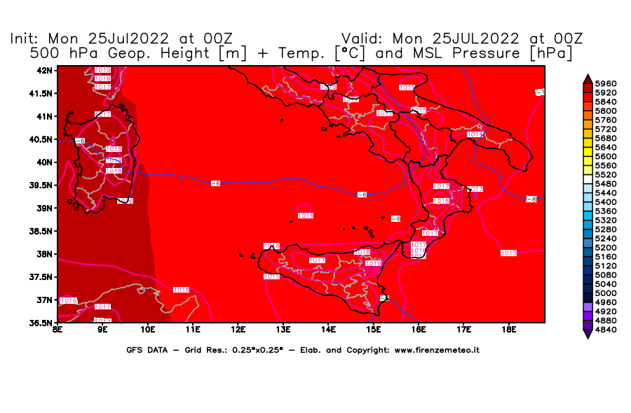 Mappa di analisi GFS - Geopotenziale [m] + Temp. [°C] a 500 hPa + Press. a livello del mare [hPa] in Sud-Italia
							del 25/07/2022 00 <!--googleoff: index-->UTC<!--googleon: index-->