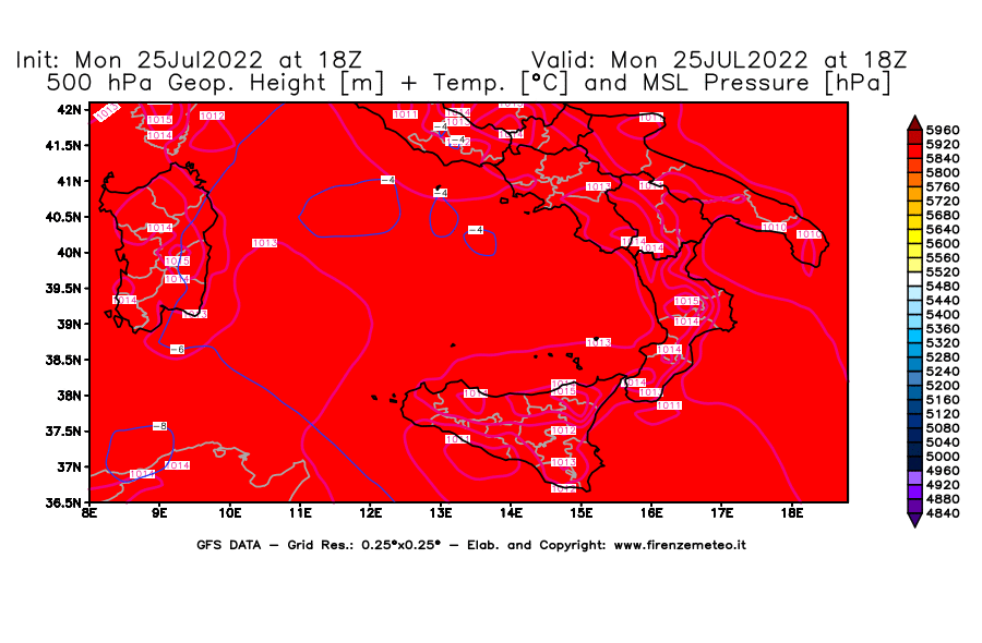 Mappa di analisi GFS - Geopotenziale [m] + Temp. [°C] a 500 hPa + Press. a livello del mare [hPa] in Sud-Italia
							del 25/07/2022 18 <!--googleoff: index-->UTC<!--googleon: index-->