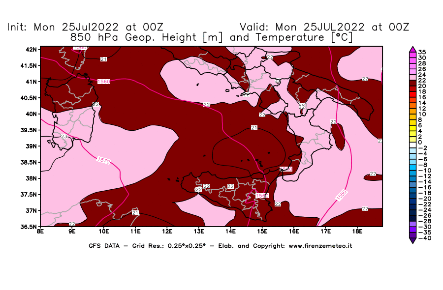Mappa di analisi GFS - Geopotenziale [m] e Temperatura [°C] a 850 hPa in Sud-Italia
							del 25/07/2022 00 <!--googleoff: index-->UTC<!--googleon: index-->