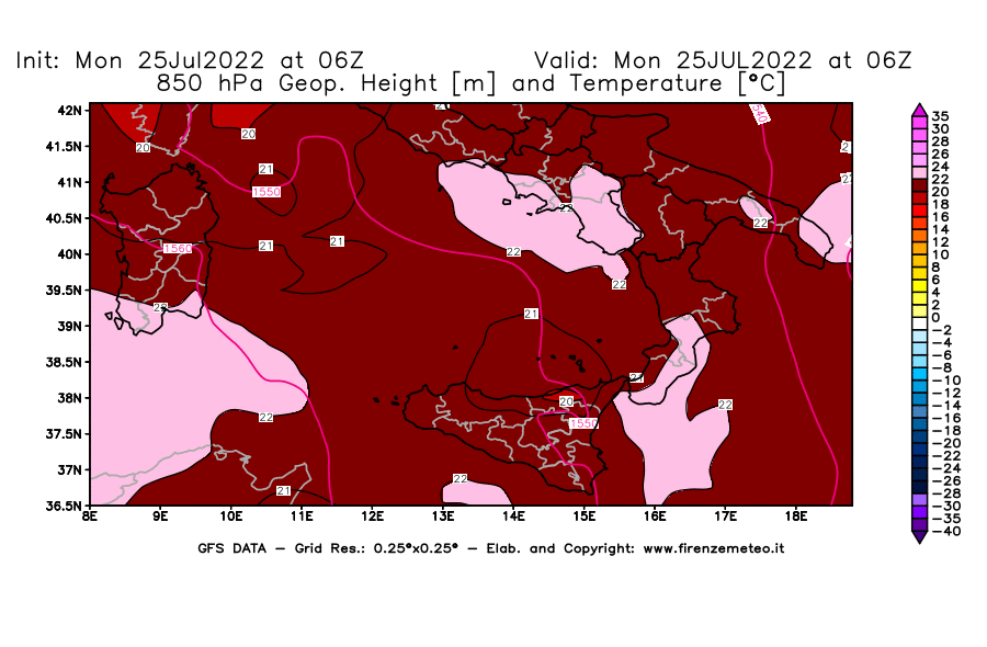 Mappa di analisi GFS - Geopotenziale [m] e Temperatura [°C] a 850 hPa in Sud-Italia
							del 25/07/2022 06 <!--googleoff: index-->UTC<!--googleon: index-->
