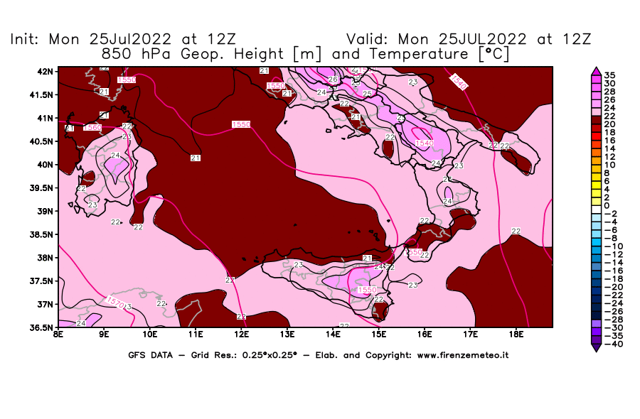 Mappa di analisi GFS - Geopotenziale [m] e Temperatura [°C] a 850 hPa in Sud-Italia
							del 25/07/2022 12 <!--googleoff: index-->UTC<!--googleon: index-->