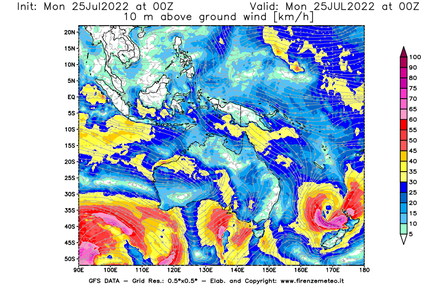 Mappa di analisi GFS - Velocità del vento a 10 metri dal suolo [km/h] in Oceania
							del 25/07/2022 00 <!--googleoff: index-->UTC<!--googleon: index-->