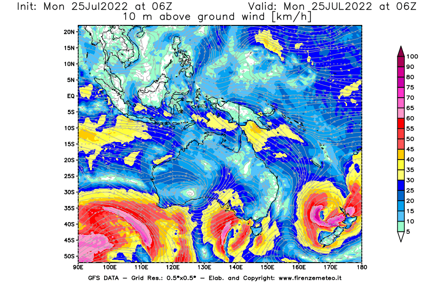 Mappa di analisi GFS - Velocità del vento a 10 metri dal suolo [km/h] in Oceania
							del 25/07/2022 06 <!--googleoff: index-->UTC<!--googleon: index-->