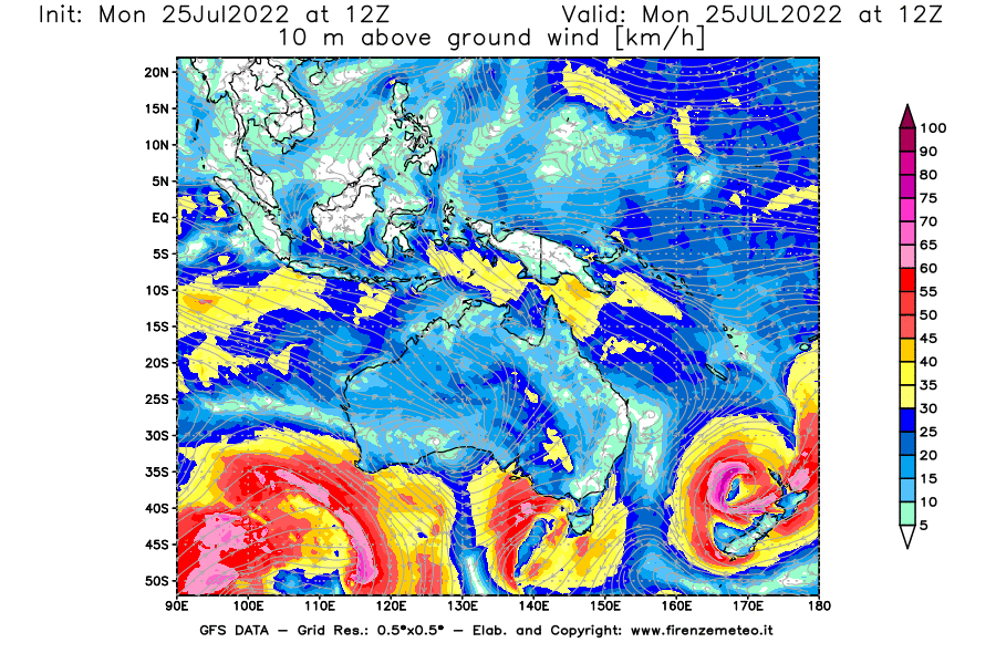 Mappa di analisi GFS - Velocità del vento a 10 metri dal suolo [km/h] in Oceania
							del 25/07/2022 12 <!--googleoff: index-->UTC<!--googleon: index-->