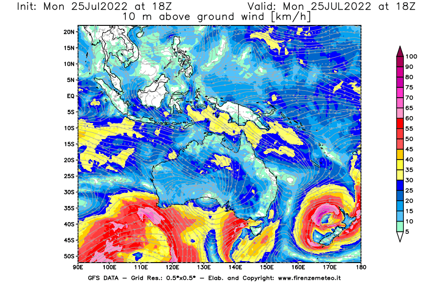 Mappa di analisi GFS - Velocità del vento a 10 metri dal suolo [km/h] in Oceania
							del 25/07/2022 18 <!--googleoff: index-->UTC<!--googleon: index-->