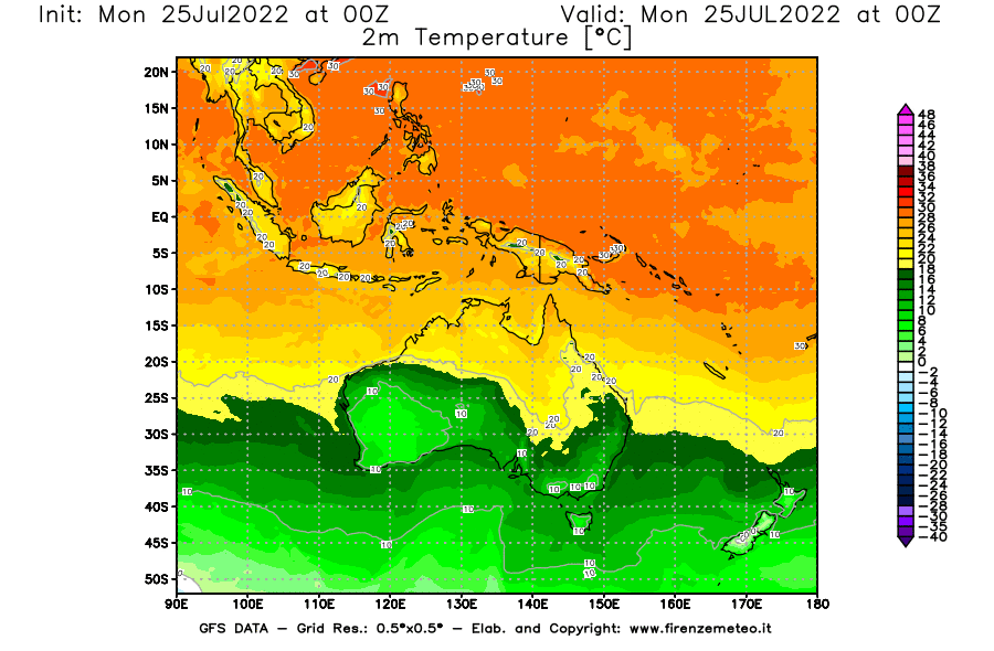 Mappa di analisi GFS - Temperatura a 2 metri dal suolo [°C] in Oceania
							del 25/07/2022 00 <!--googleoff: index-->UTC<!--googleon: index-->