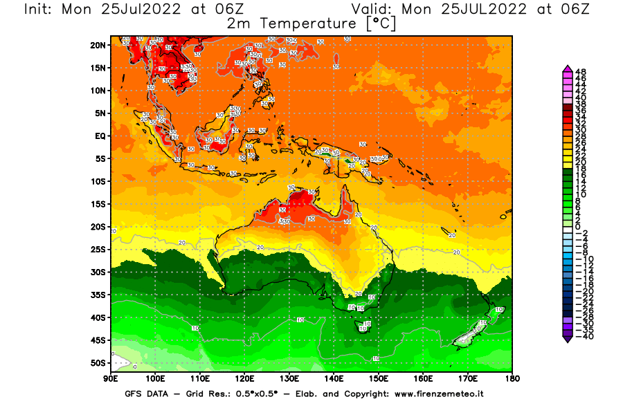 Mappa di analisi GFS - Temperatura a 2 metri dal suolo [°C] in Oceania
							del 25/07/2022 06 <!--googleoff: index-->UTC<!--googleon: index-->