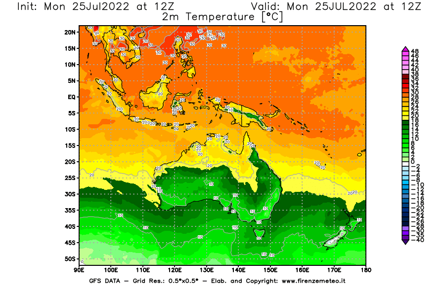 Mappa di analisi GFS - Temperatura a 2 metri dal suolo [°C] in Oceania
							del 25/07/2022 12 <!--googleoff: index-->UTC<!--googleon: index-->