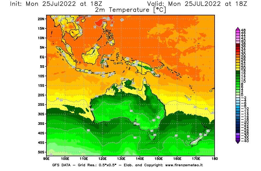 Mappa di analisi GFS - Temperatura a 2 metri dal suolo [°C] in Oceania
							del 25/07/2022 18 <!--googleoff: index-->UTC<!--googleon: index-->