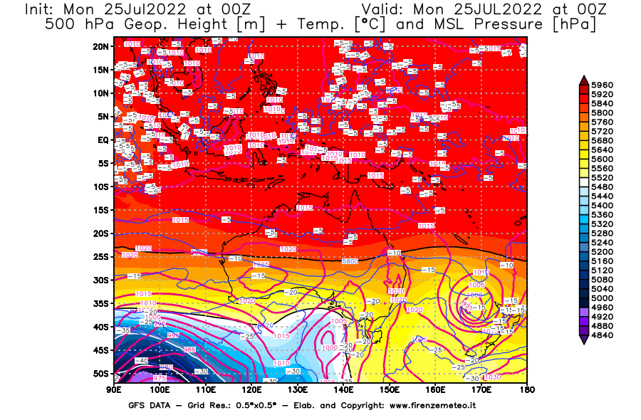 Mappa di analisi GFS - Geopotenziale [m] + Temp. [°C] a 500 hPa + Press. a livello del mare [hPa] in Oceania
							del 25/07/2022 00 <!--googleoff: index-->UTC<!--googleon: index-->