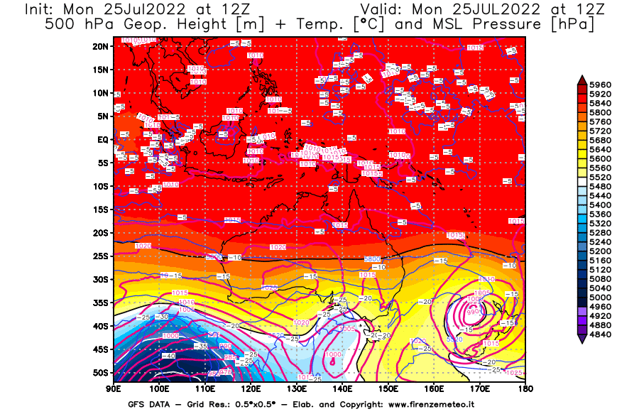 Mappa di analisi GFS - Geopotenziale [m] + Temp. [°C] a 500 hPa + Press. a livello del mare [hPa] in Oceania
							del 25/07/2022 12 <!--googleoff: index-->UTC<!--googleon: index-->