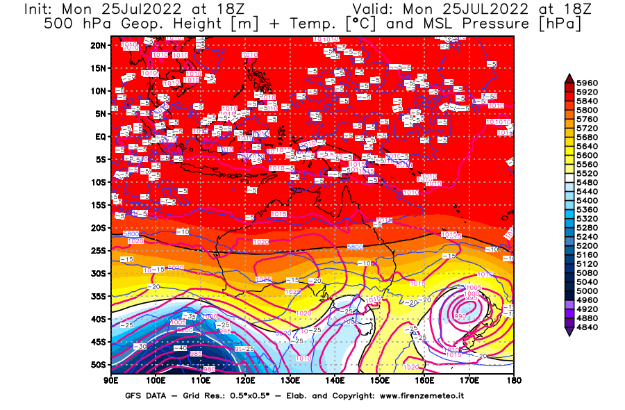 Mappa di analisi GFS - Geopotenziale [m] + Temp. [°C] a 500 hPa + Press. a livello del mare [hPa] in Oceania
							del 25/07/2022 18 <!--googleoff: index-->UTC<!--googleon: index-->
