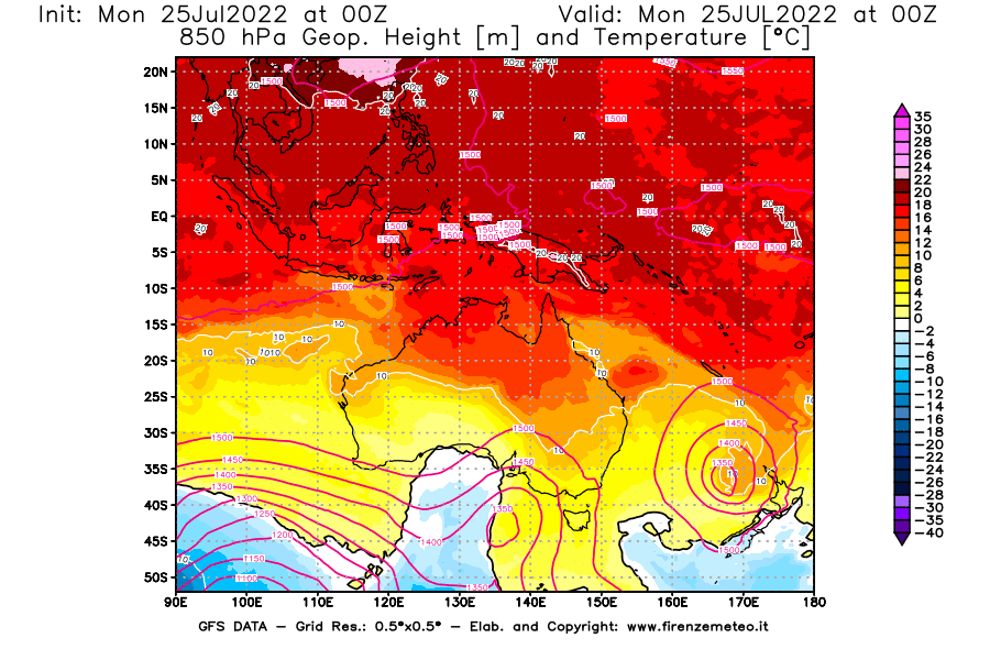 Mappa di analisi GFS - Geopotenziale [m] e Temperatura [°C] a 850 hPa in Oceania
							del 25/07/2022 00 <!--googleoff: index-->UTC<!--googleon: index-->