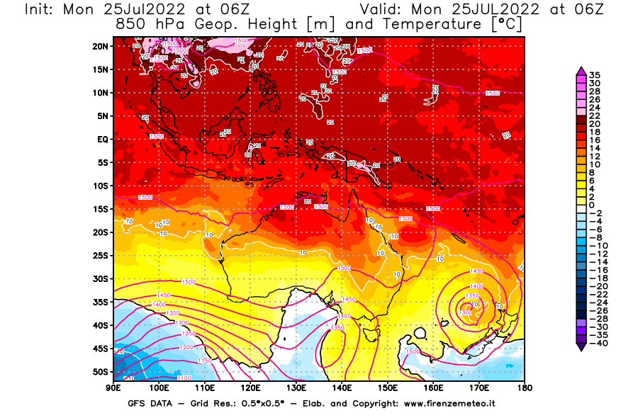 Mappa di analisi GFS - Geopotenziale [m] e Temperatura [°C] a 850 hPa in Oceania
							del 25/07/2022 06 <!--googleoff: index-->UTC<!--googleon: index-->