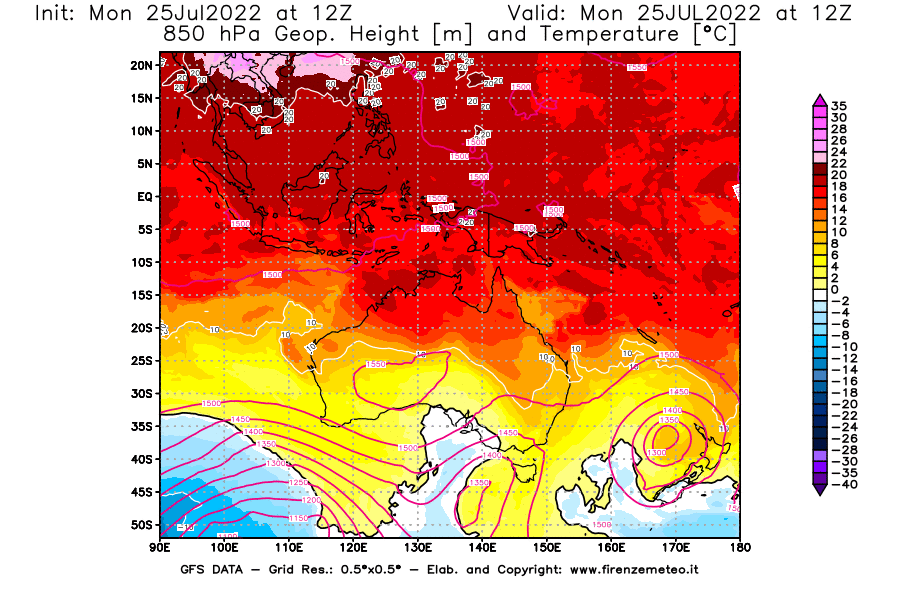 Mappa di analisi GFS - Geopotenziale [m] e Temperatura [°C] a 850 hPa in Oceania
							del 25/07/2022 12 <!--googleoff: index-->UTC<!--googleon: index-->