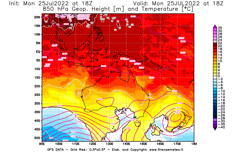 Mappa di analisi GFS - Geopotenziale [m] e Temperatura [°C] a 850 hPa in Oceania
							del 25/07/2022 18 <!--googleoff: index-->UTC<!--googleon: index-->
