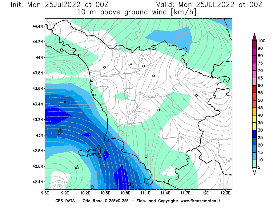 Mappa di analisi GFS - Velocità del vento a 10 metri dal suolo [km/h] in Toscana
							del 25/07/2022 00 <!--googleoff: index-->UTC<!--googleon: index-->