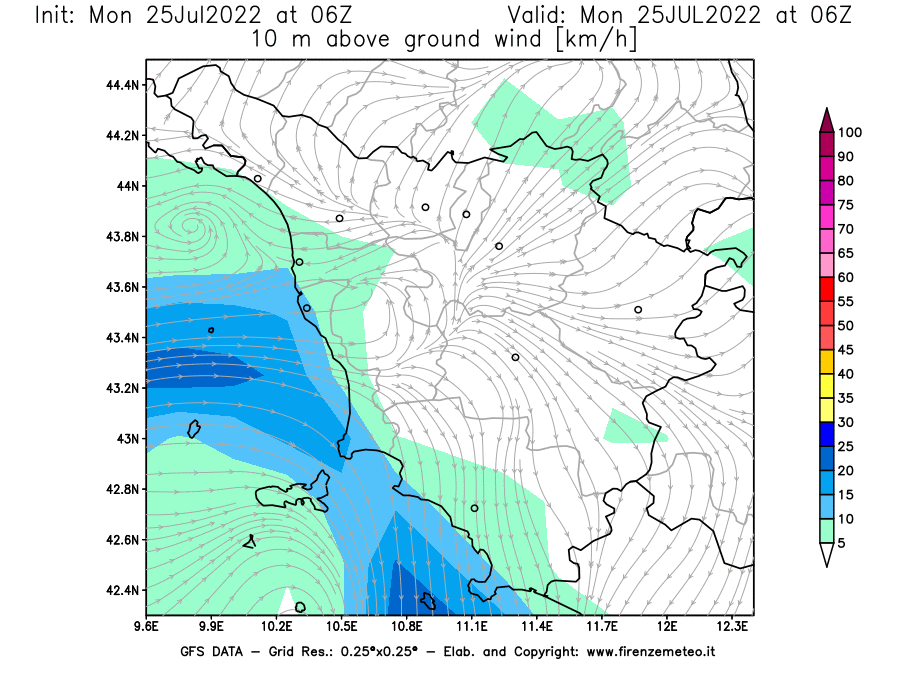 Mappa di analisi GFS - Velocità del vento a 10 metri dal suolo [km/h] in Toscana
							del 25/07/2022 06 <!--googleoff: index-->UTC<!--googleon: index-->