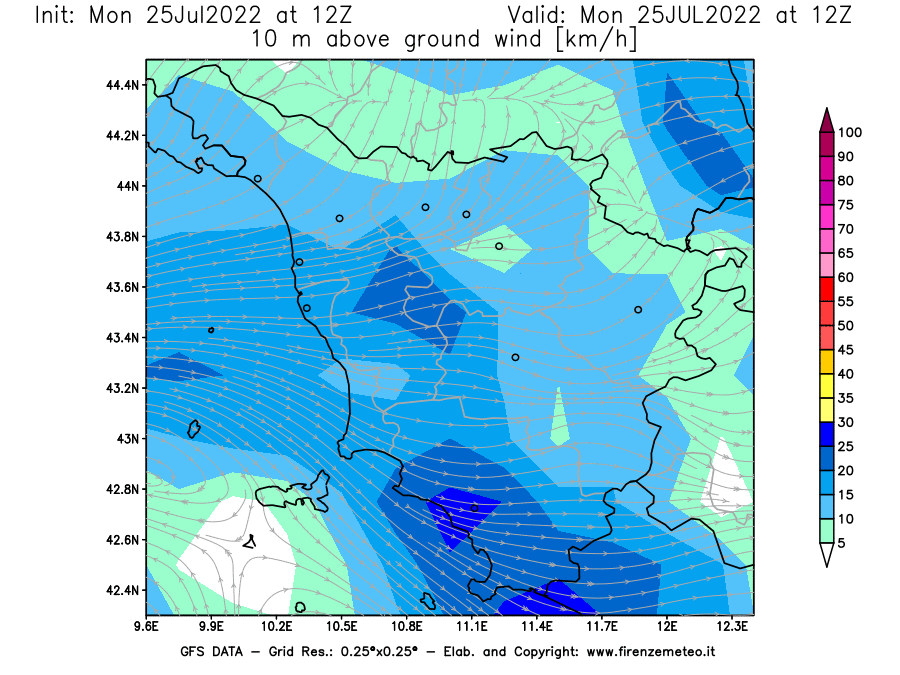 Mappa di analisi GFS - Velocità del vento a 10 metri dal suolo [km/h] in Toscana
							del 25/07/2022 12 <!--googleoff: index-->UTC<!--googleon: index-->