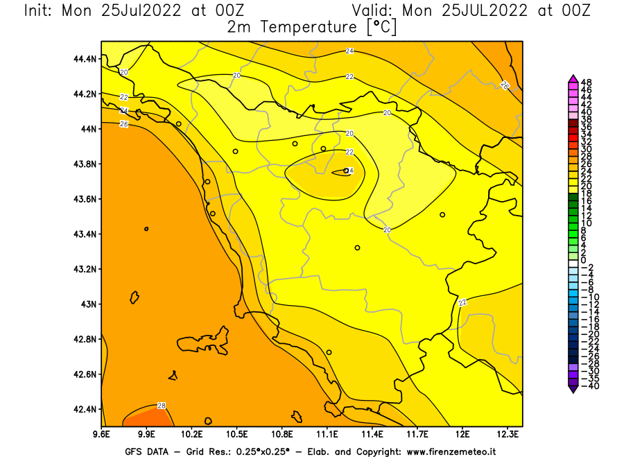 Mappa di analisi GFS - Temperatura a 2 metri dal suolo [°C] in Toscana
							del 25/07/2022 00 <!--googleoff: index-->UTC<!--googleon: index-->