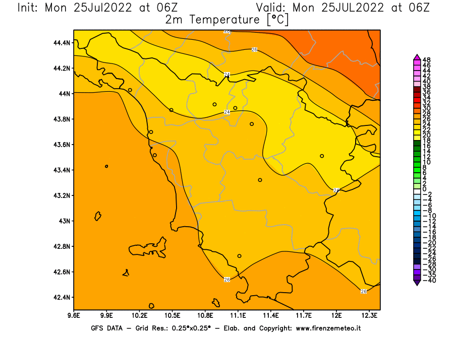 Mappa di analisi GFS - Temperatura a 2 metri dal suolo [°C] in Toscana
							del 25/07/2022 06 <!--googleoff: index-->UTC<!--googleon: index-->