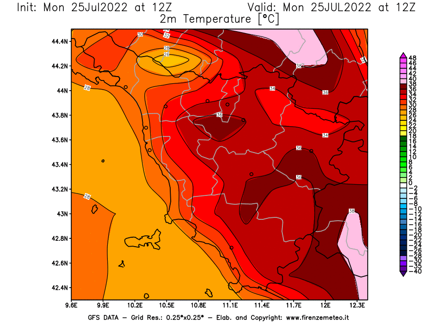 Mappa di analisi GFS - Temperatura a 2 metri dal suolo [°C] in Toscana
							del 25/07/2022 12 <!--googleoff: index-->UTC<!--googleon: index-->