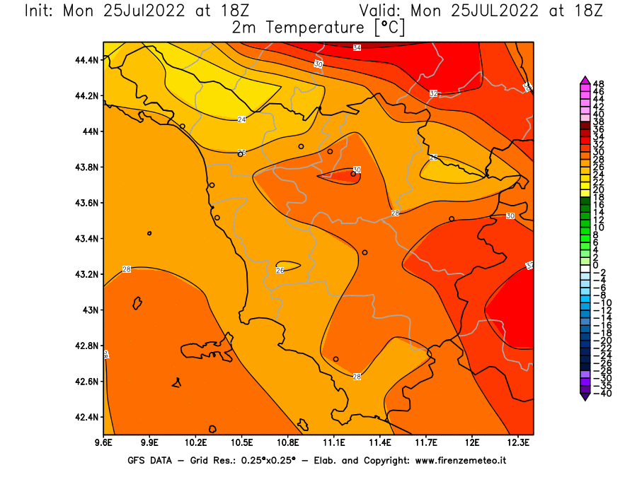 Mappa di analisi GFS - Temperatura a 2 metri dal suolo [°C] in Toscana
							del 25/07/2022 18 <!--googleoff: index-->UTC<!--googleon: index-->