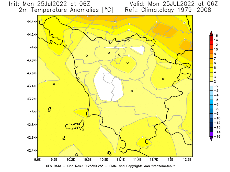 Mappa di analisi GFS - Anomalia Temperatura [°C] a 2 m in Toscana
							del 25/07/2022 06 <!--googleoff: index-->UTC<!--googleon: index-->