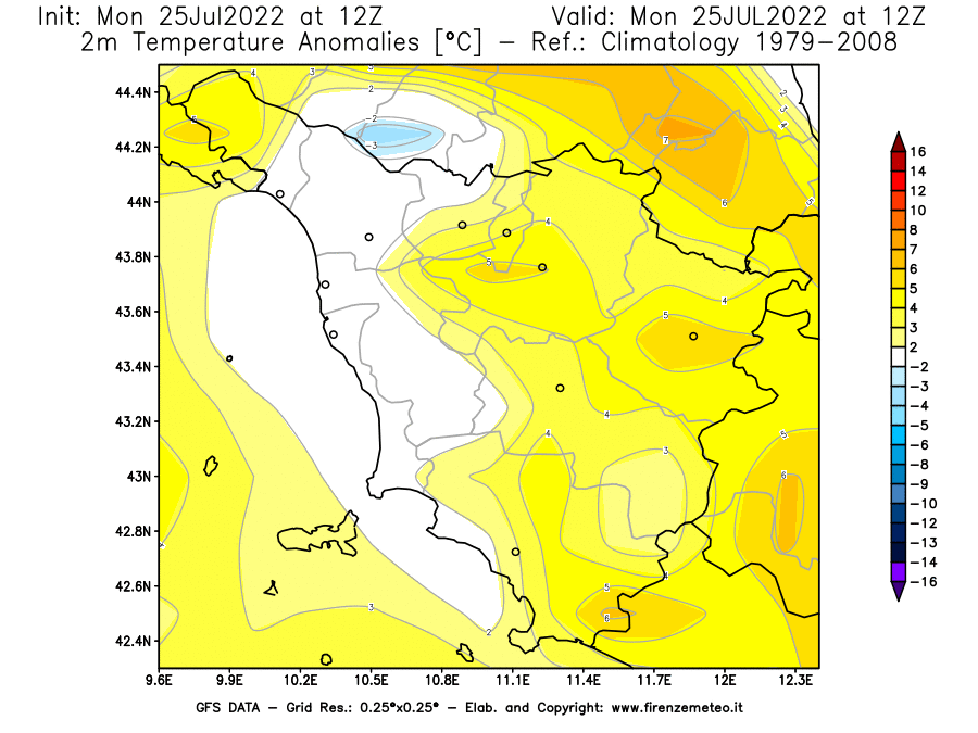 Mappa di analisi GFS - Anomalia Temperatura [°C] a 2 m in Toscana
							del 25/07/2022 12 <!--googleoff: index-->UTC<!--googleon: index-->