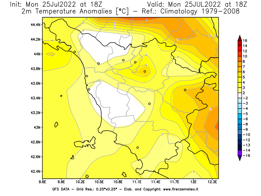 Mappa di analisi GFS - Anomalia Temperatura [°C] a 2 m in Toscana
							del 25/07/2022 18 <!--googleoff: index-->UTC<!--googleon: index-->