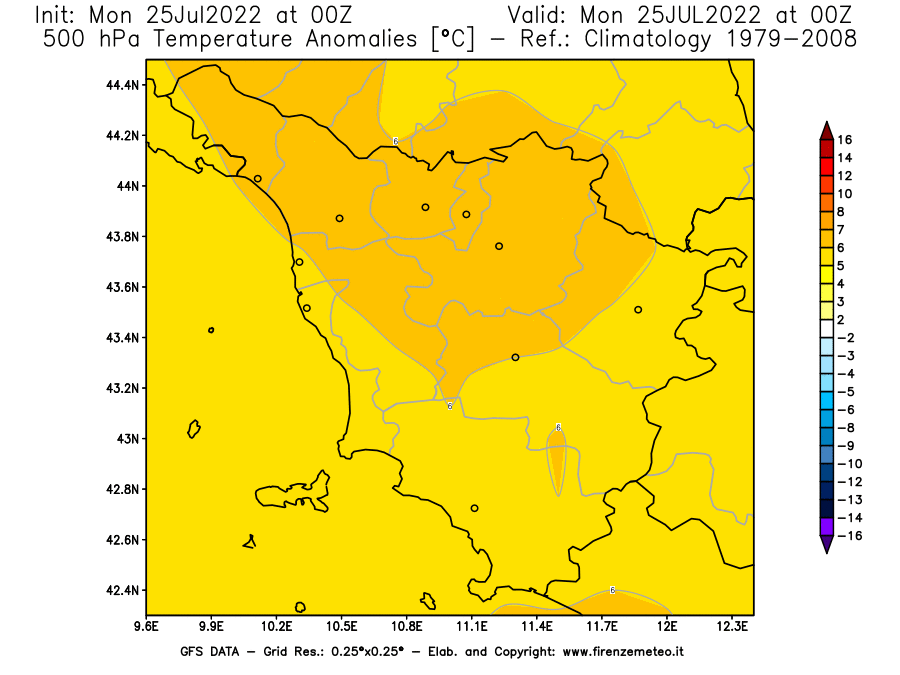 Mappa di analisi GFS - Anomalia Temperatura [°C] a 500 hPa in Toscana
							del 25/07/2022 00 <!--googleoff: index-->UTC<!--googleon: index-->