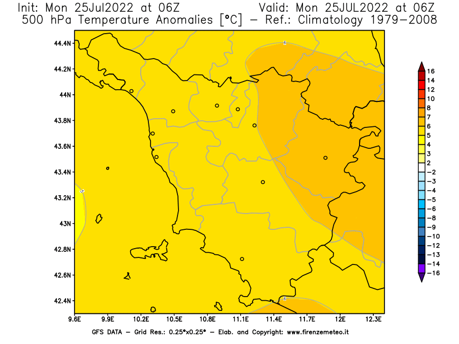 Mappa di analisi GFS - Anomalia Temperatura [°C] a 500 hPa in Toscana
							del 25/07/2022 06 <!--googleoff: index-->UTC<!--googleon: index-->
