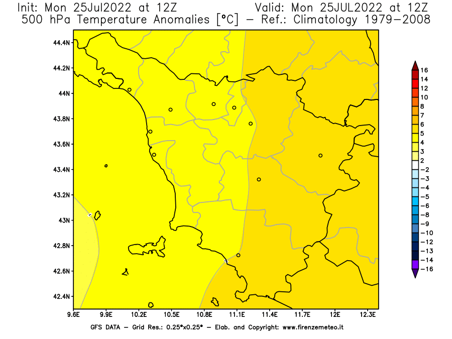 Mappa di analisi GFS - Anomalia Temperatura [°C] a 500 hPa in Toscana
							del 25/07/2022 12 <!--googleoff: index-->UTC<!--googleon: index-->