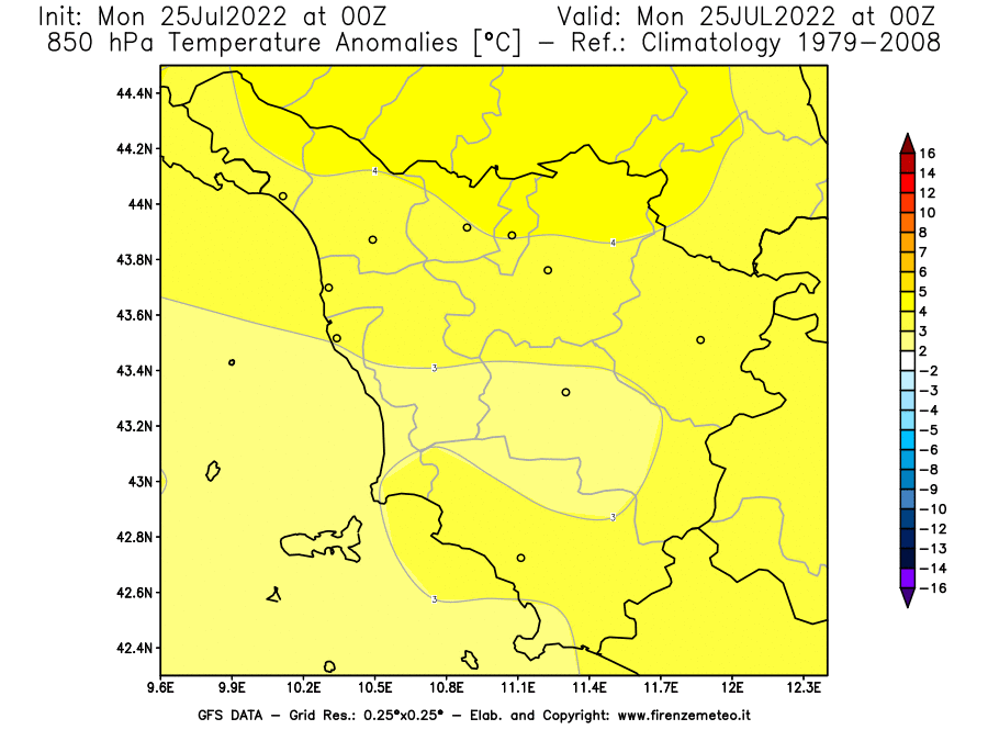 Mappa di analisi GFS - Anomalia Temperatura [°C] a 850 hPa in Toscana
							del 25/07/2022 00 <!--googleoff: index-->UTC<!--googleon: index-->