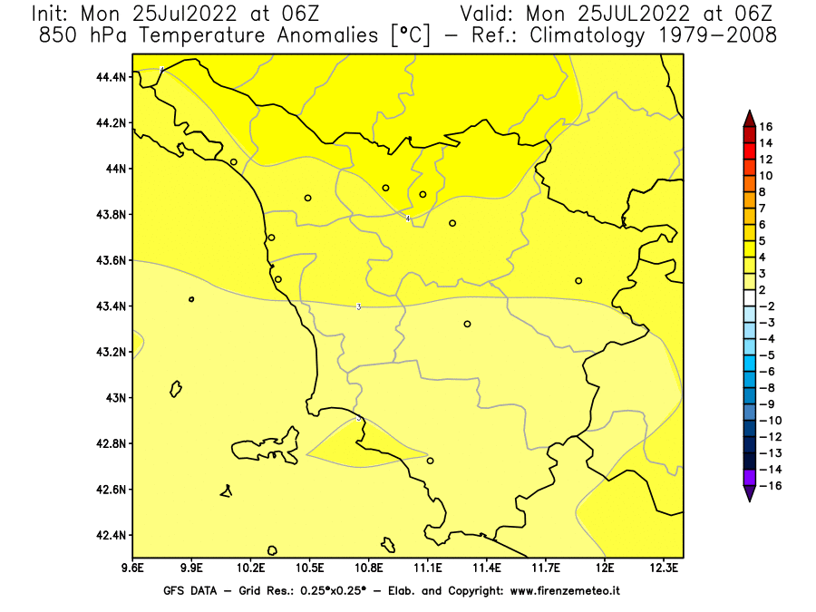 Mappa di analisi GFS - Anomalia Temperatura [°C] a 850 hPa in Toscana
							del 25/07/2022 06 <!--googleoff: index-->UTC<!--googleon: index-->