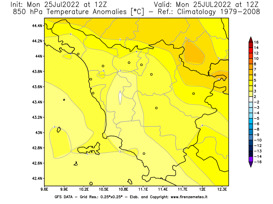 Mappa di analisi GFS - Anomalia Temperatura [°C] a 850 hPa in Toscana
							del 25/07/2022 12 <!--googleoff: index-->UTC<!--googleon: index-->