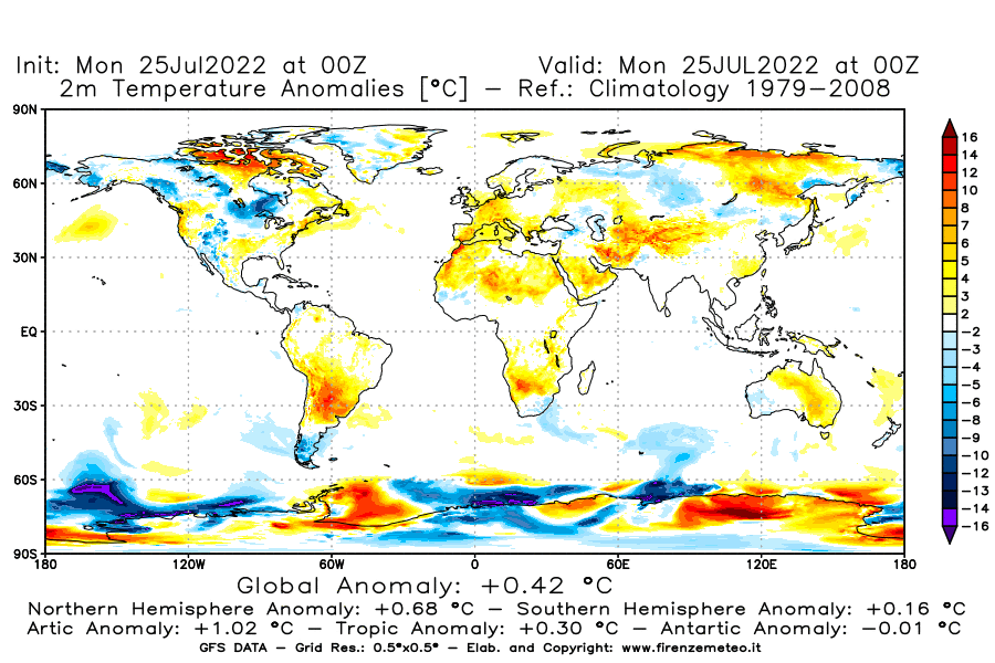 Mappa di analisi GFS - Anomalia Temperatura [°C] a 2 m in World
							del 25/07/2022 00 <!--googleoff: index-->UTC<!--googleon: index-->