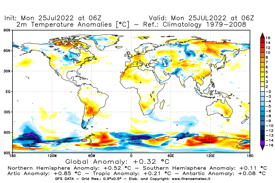 Mappa di analisi GFS - Anomalia Temperatura [°C] a 2 m in World
							del 25/07/2022 06 <!--googleoff: index-->UTC<!--googleon: index-->