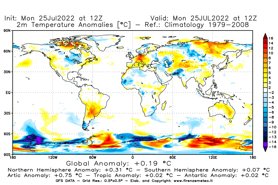 Mappa di analisi GFS - Anomalia Temperatura [°C] a 2 m in World
							del 25/07/2022 12 <!--googleoff: index-->UTC<!--googleon: index-->