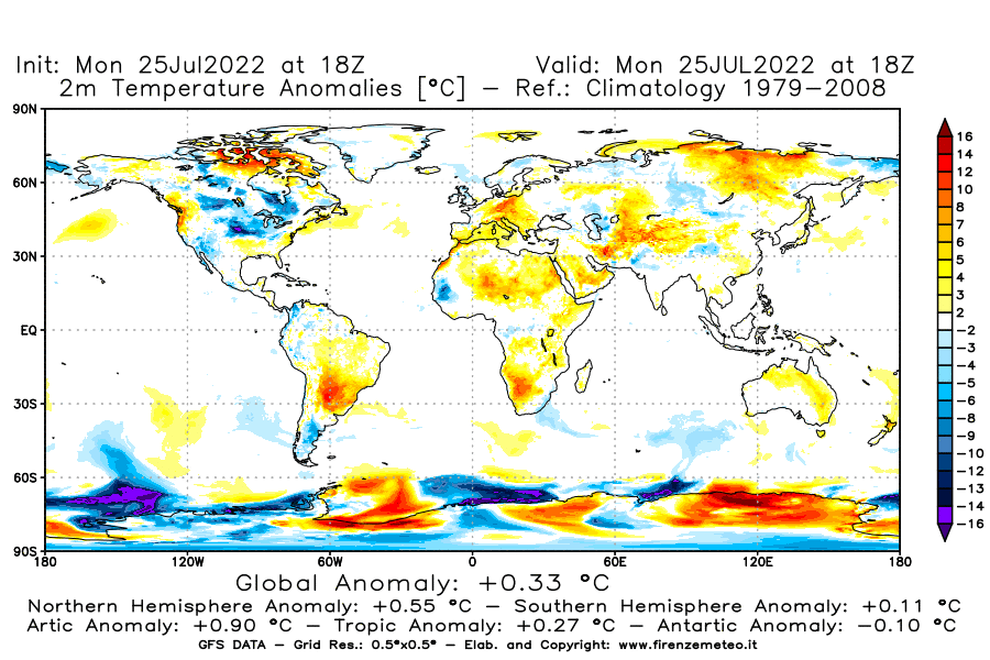 Mappa di analisi GFS - Anomalia Temperatura [°C] a 2 m in World
							del 25/07/2022 18 <!--googleoff: index-->UTC<!--googleon: index-->
