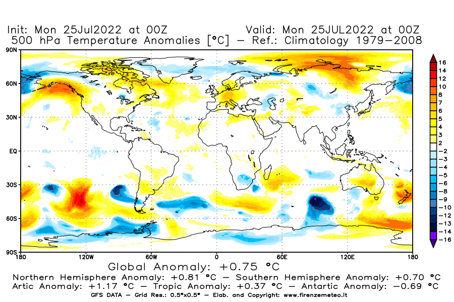 Mappa di analisi GFS - Anomalia Temperatura [°C] a 500 hPa in World
							del 25/07/2022 00 <!--googleoff: index-->UTC<!--googleon: index-->