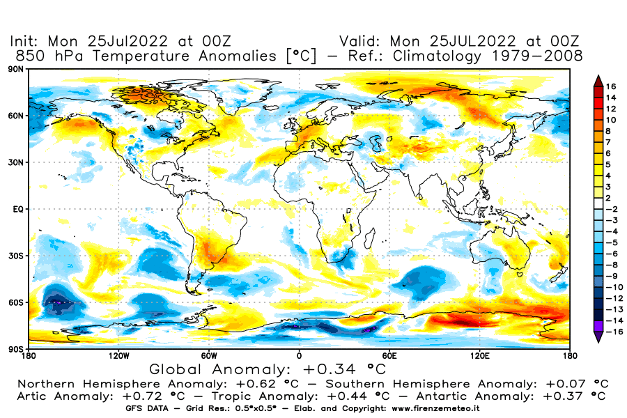 Mappa di analisi GFS - Anomalia Temperatura [°C] a 850 hPa in World
							del 25/07/2022 00 <!--googleoff: index-->UTC<!--googleon: index-->