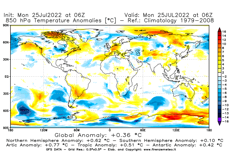 Mappa di analisi GFS - Anomalia Temperatura [°C] a 850 hPa in World
							del 25/07/2022 06 <!--googleoff: index-->UTC<!--googleon: index-->