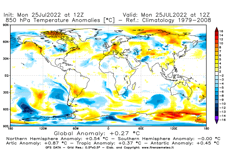 Mappa di analisi GFS - Anomalia Temperatura [°C] a 850 hPa in World
							del 25/07/2022 12 <!--googleoff: index-->UTC<!--googleon: index-->