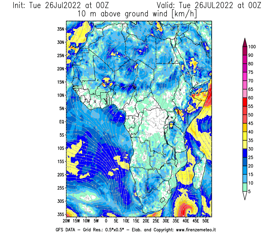 Mappa di analisi GFS - Velocità del vento a 10 metri dal suolo [km/h] in Africa
							del 26/07/2022 00 <!--googleoff: index-->UTC<!--googleon: index-->